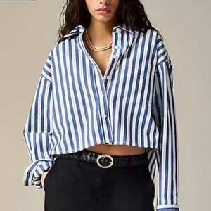 J.Crew Etienne Cropped Button Up Blue Stripe Cotton Poplin Oversized L Shirt